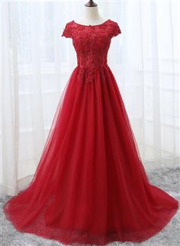 Picture of Elegant Red Color Tulle Long Formal Dresses with Lace Applique, Red Color Party Gowns